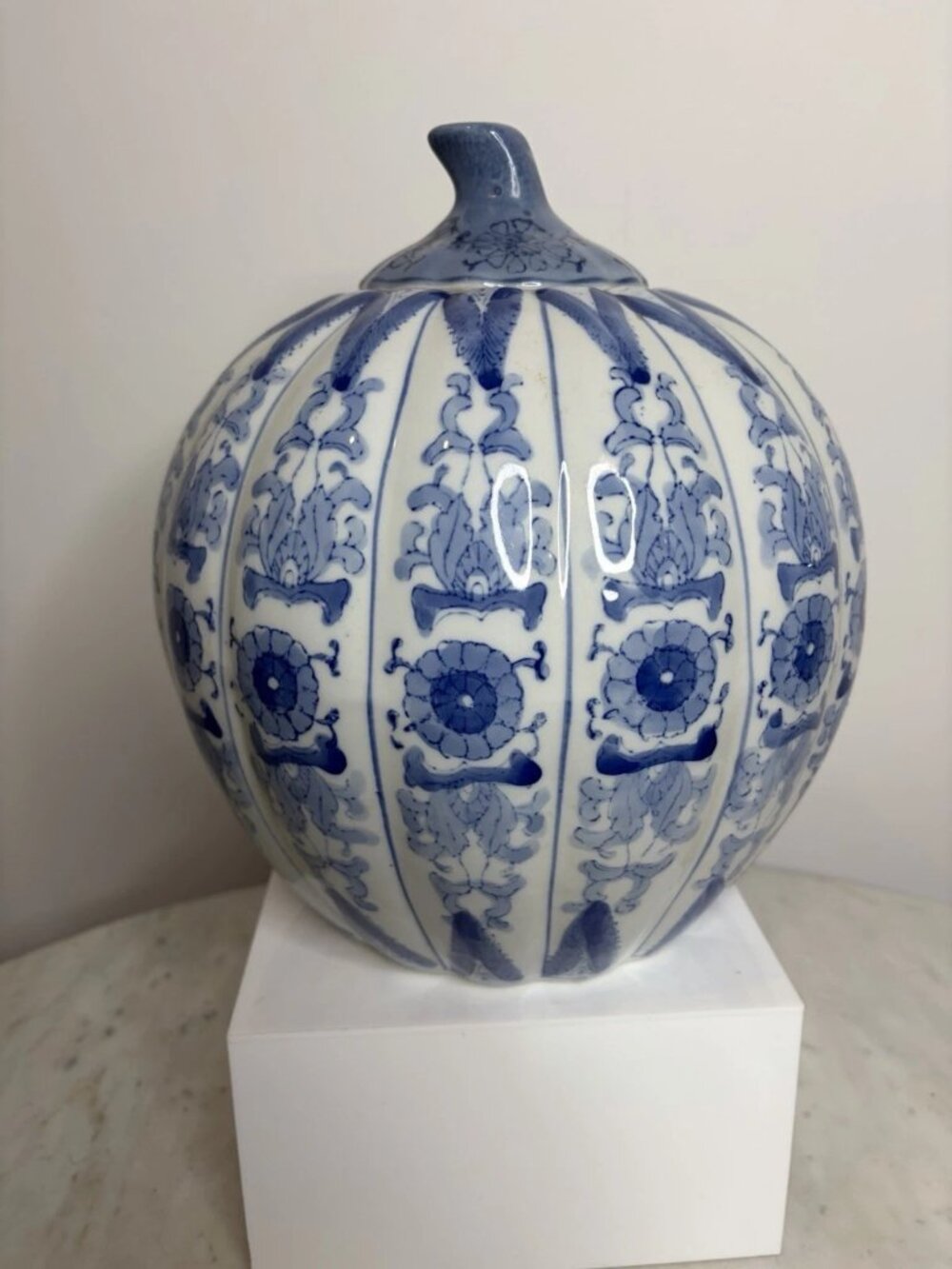Blue White Floral Chinoiserie Pumpkin Ginger Jar with Lid 9 Inch